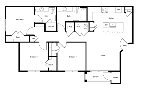 Floor plan for 3 beds, 2 baths, 1189 sqft